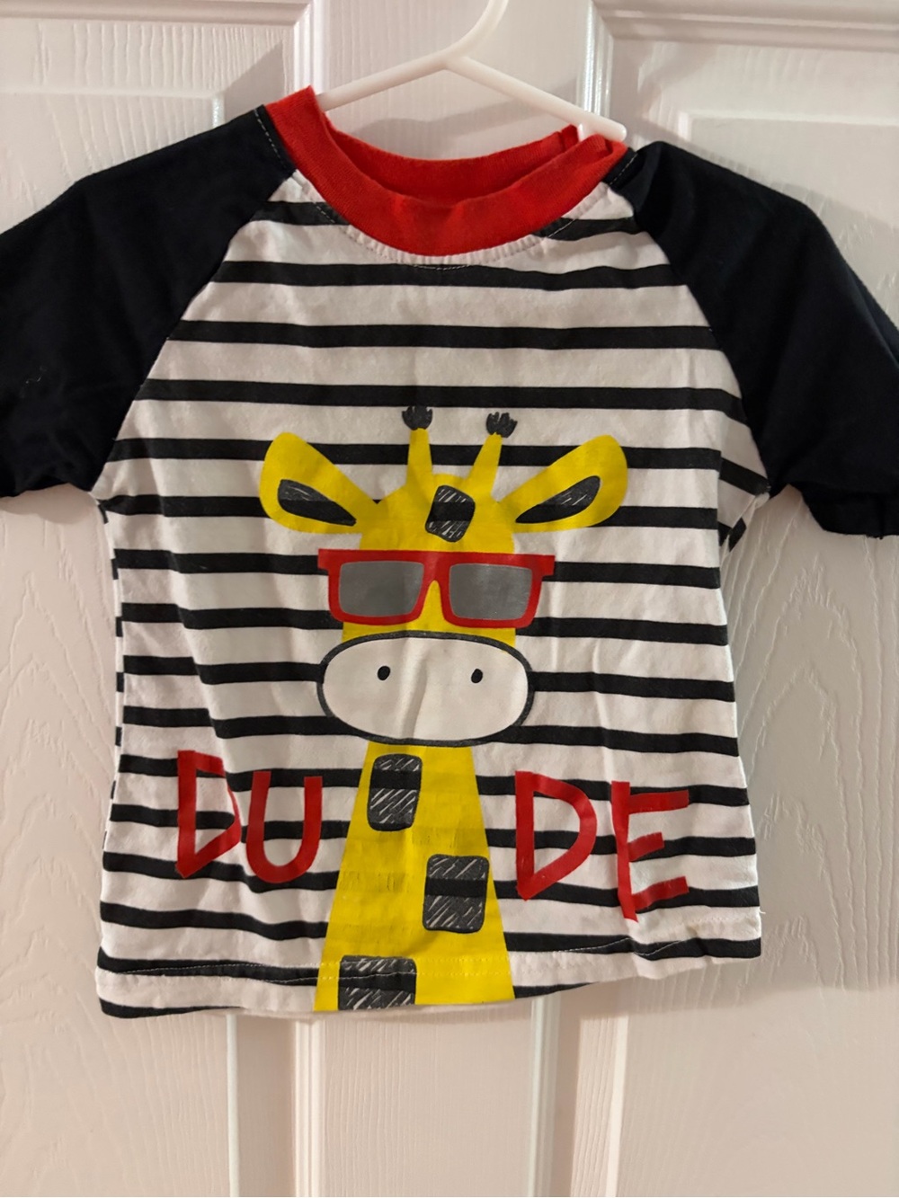 Swiggles Black & White Stripe Tee with Yellow Giraffe and Red Accents